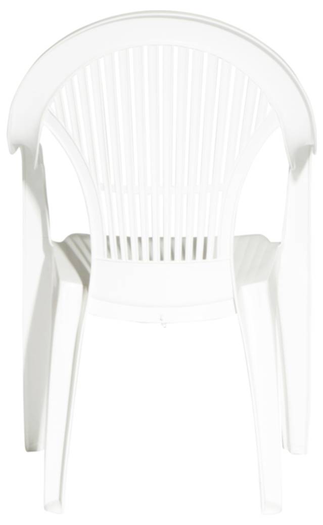Witte kunststof fauteuil van voren tegen een witte achtergrond weergegeven.