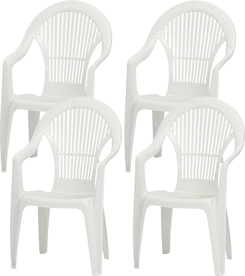 Vier witte plastic fauteuils in een 2x2 stapel op een effen achtergrond.