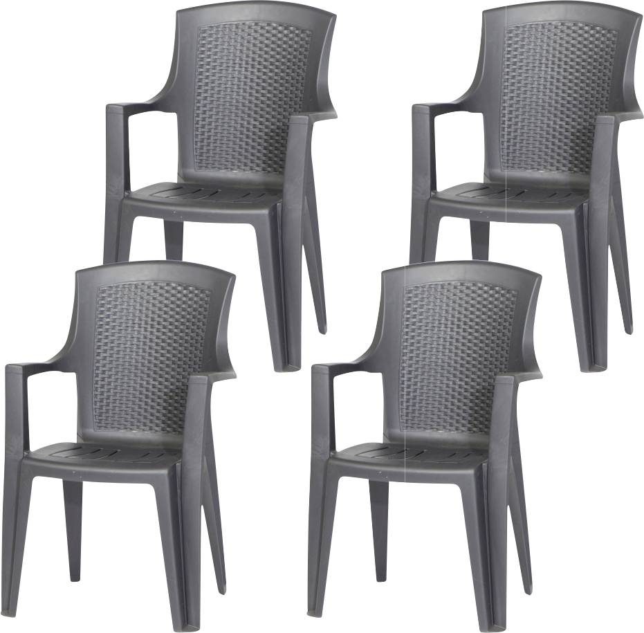 Vier donkergrijze kunststof tuinstoelen in een 2-bij-2 opstelling op een witte achtergrond.