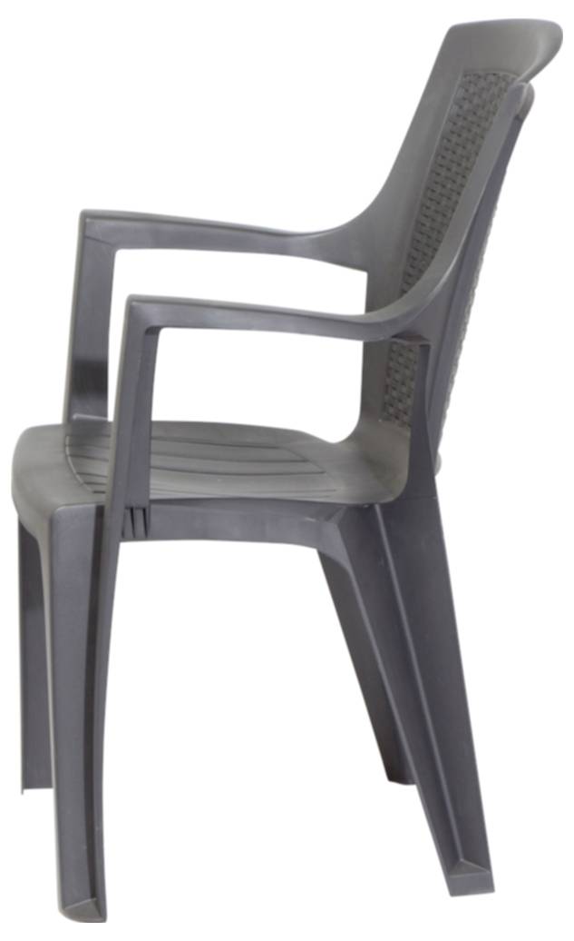 Grijze kunststof fauteuil weergegeven in zijkant op een witte achtergrond.