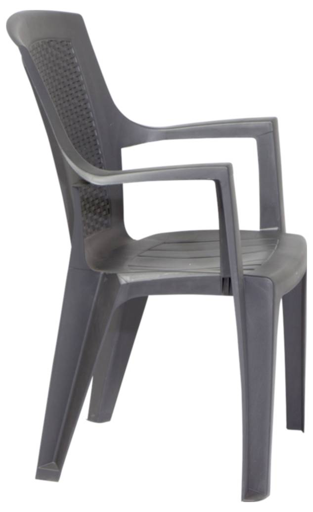 Donkergrijze kunststof fauteuil met hoge rugleuning en geweven textuurpaneel aan de zijkant, getoond op een effen witte achtergrond.