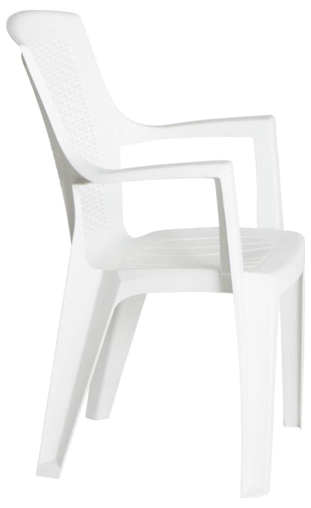 Twee witte plastic stapelbare stoelen in zijaanzicht, één genesteld achter de ander op een witte achtergrond.