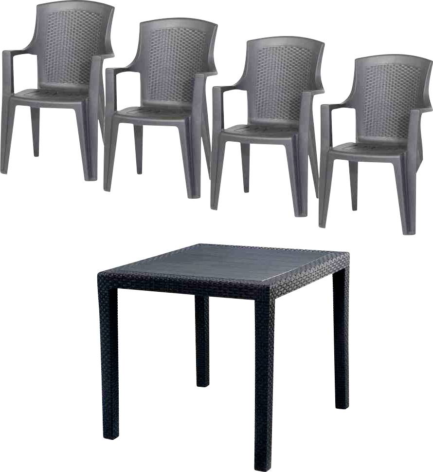 Vier grijze kunststof stoelen en een zwart vierkant tafel op een witte achtergrond, met een set buitenterrasmeubels.