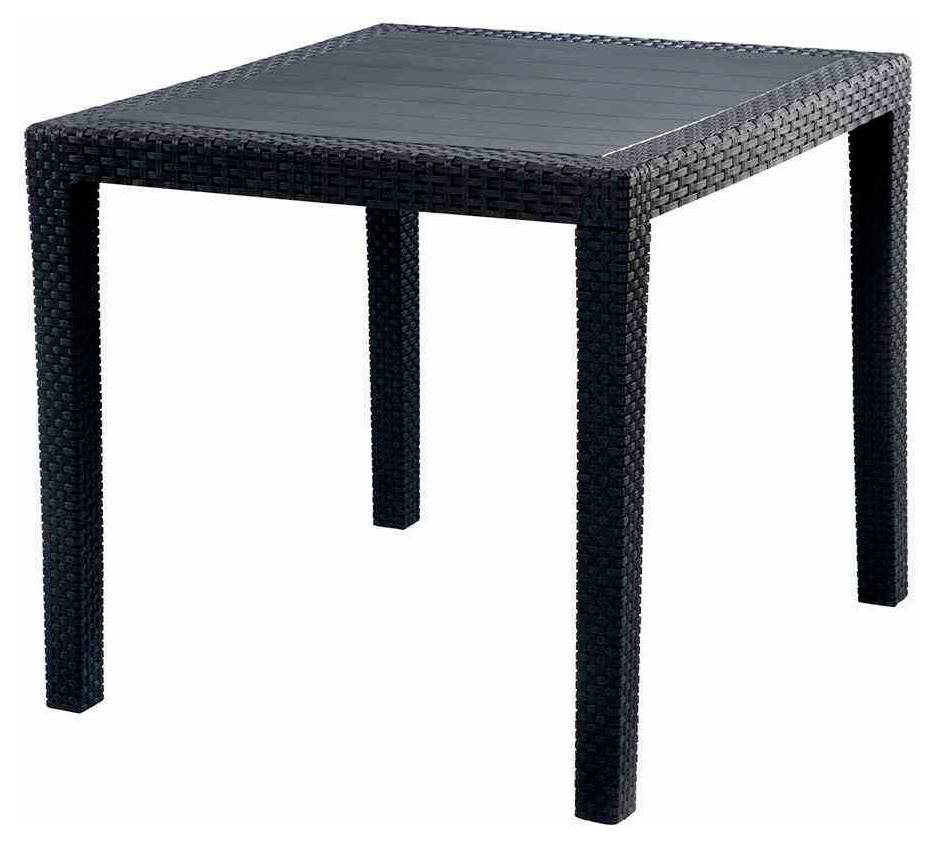 Zwart geweven vierkante buitentafel met vier rechte poten op een witte achtergrond.