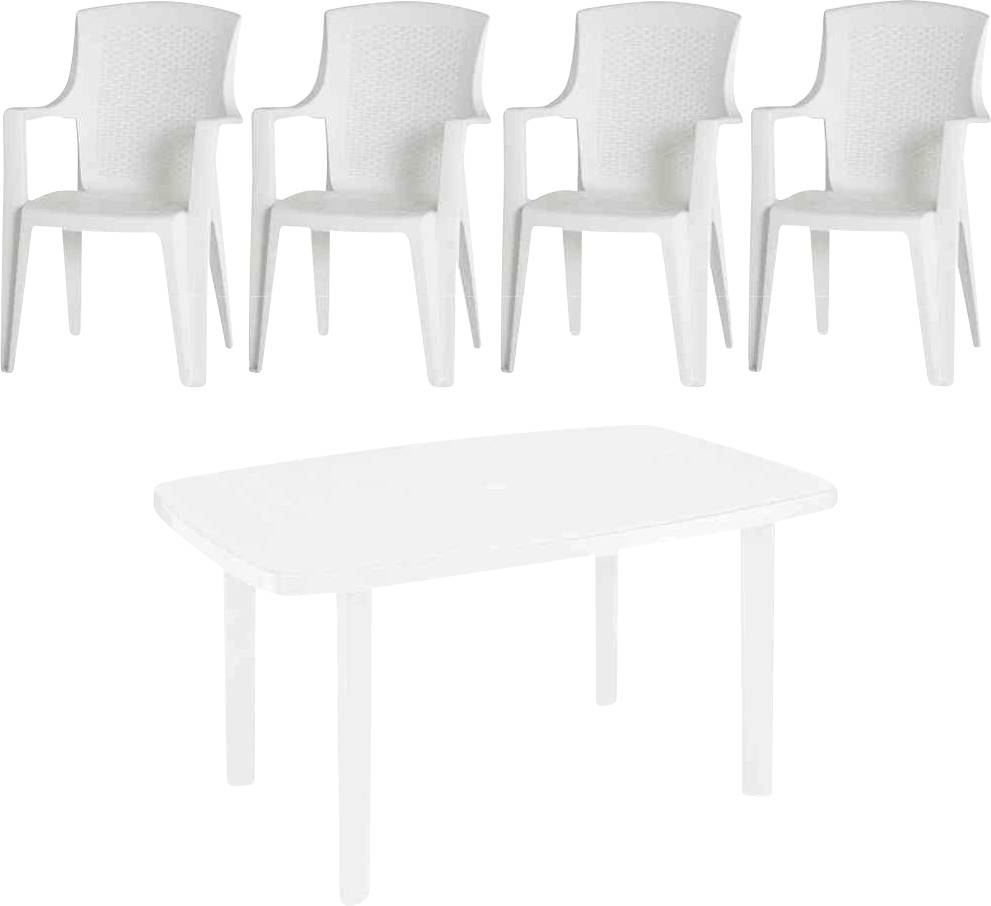 Witte kunststof tuinmeubelen set met vier bijpassende stoelen en een rechthoekige tafel op een eenvoudige witte achtergrond.