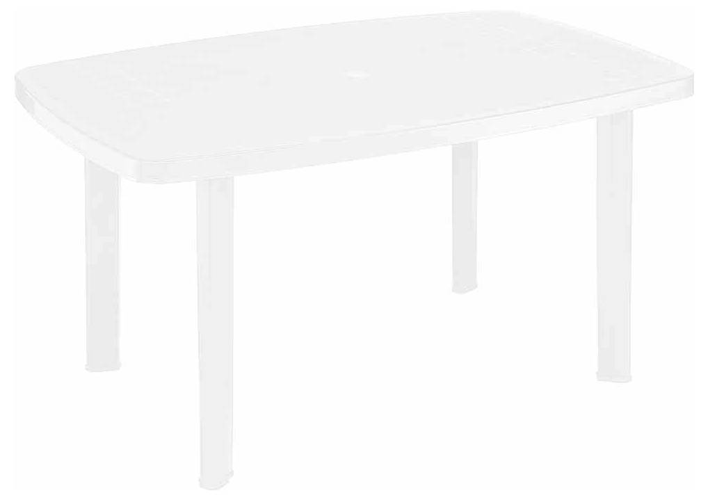 Witte rechthoekige tafel met afgeronde hoeken en vier poten op een effen witte achtergrond.
