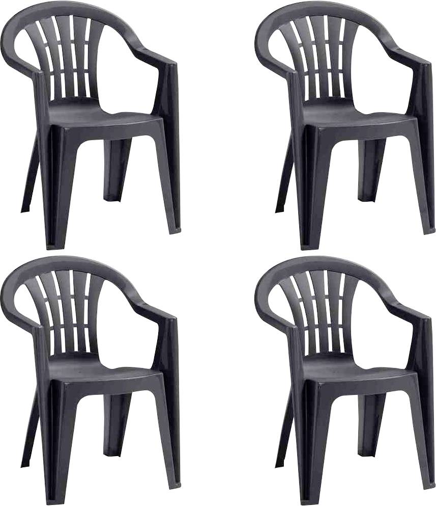 Vier zwarte kunststof tuinstoelen in een 2x2 rooster op een witte achtergrond.