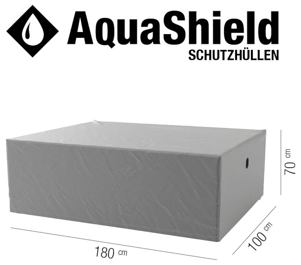 AquaShield Beschermhoezen logo boven een grijze rechthoekige beschermhoes, gelabeld 180 cm bij 100 cm bij 70 cm.