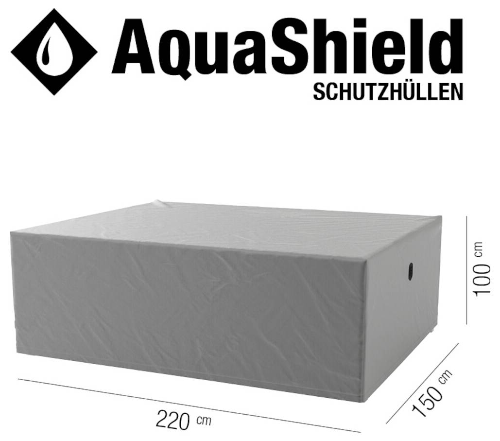 AquaShield Beschermhoezen cover getoond op een rechthoekige doos, formaat 220 cm bij 150 cm bij 100 cm.
