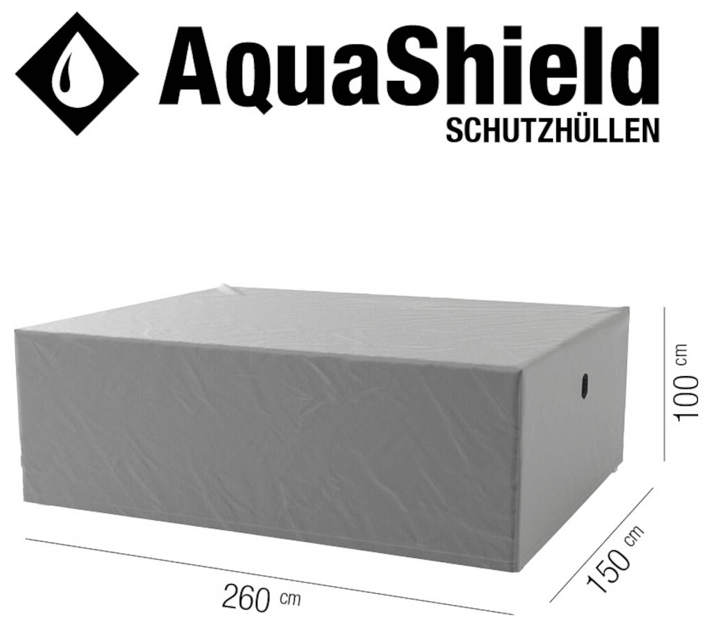 AquaShield Beschermhoezen cover voor een rechthoekig object, getoond in grijs, met afmetingen 260 cm bij 150 cm bij 100 cm.