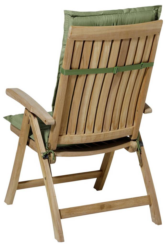 Houten opklapbare ligstoel met groen kussen en rugkussen, weergegeven van achteren onder een hoek.