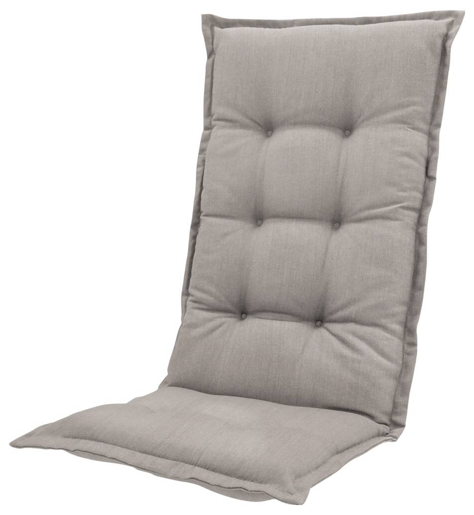 Grijze gestoffeerde kussens voor een hoge rugleuning stoel, met een gevoerde zitting en rugleuning op een witte achtergrond.