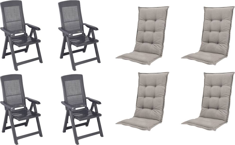 Vier zwarte patio stoelen en vier beige gevoerde zitussen getoond op een witte achtergrond.