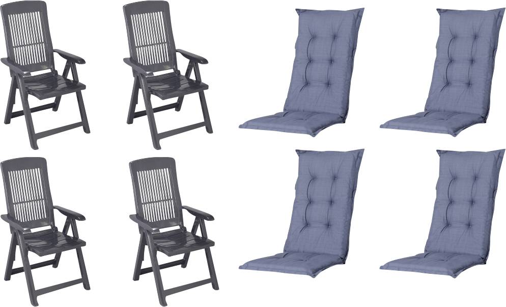 Set van zes buitenstoelkussens: vier zwarte latten stoelen aan de linkerkant en vier blauwe gechipte kussens aan de rechterkant, weergegeven op een witte achtergrond.
