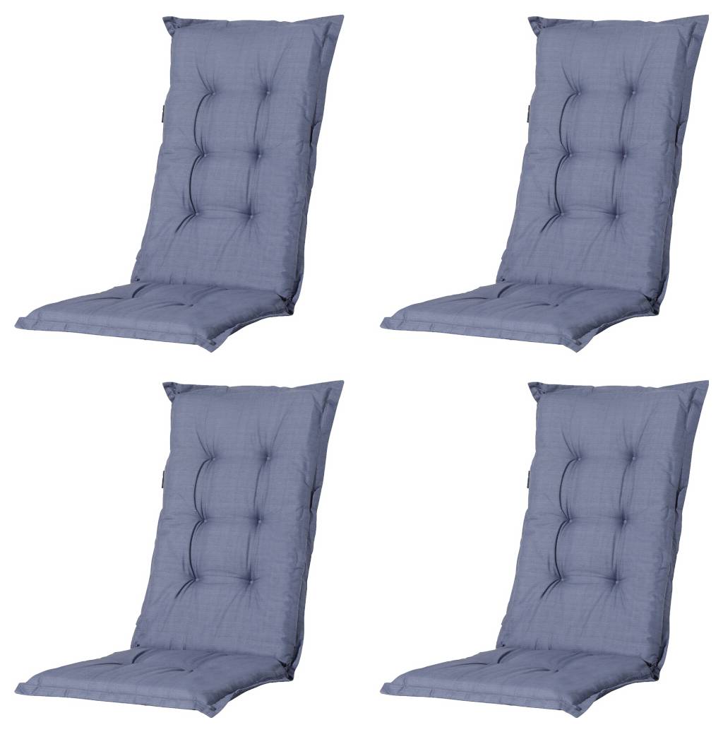 Vier blauwe gevoerde stoelkussens met aangesloten rugleuningen, weergegeven in een 2x2 productlay-out op een witte achtergrond.