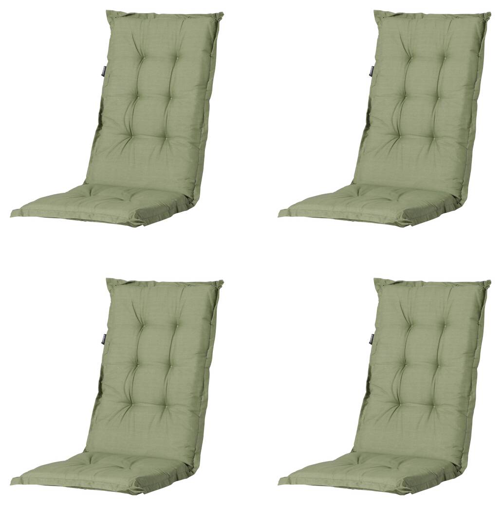 Vier weergaven van een groen gevoerde buitenstoel met hoge rugleuning, gechapoteerde bekleding en opvouwbare onderste sectie.
