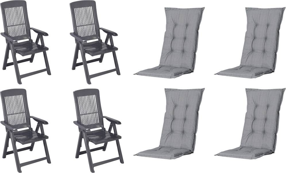 Collage van vier zwarte opklapbare terrasstoelen en vier grijze gewatteerde stoelkussens of matten op een witte achtergrond.