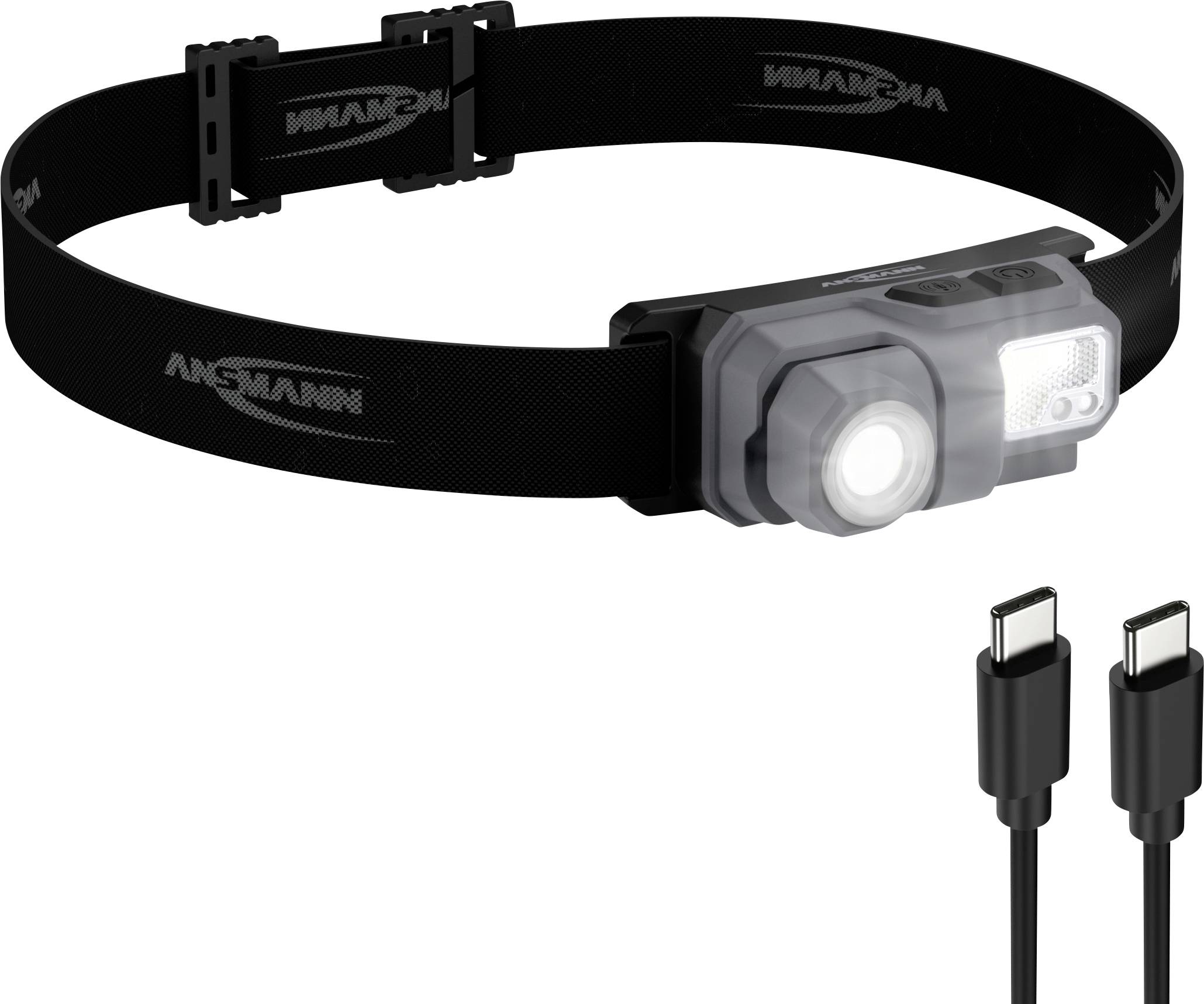 Zwarte verstelbare hoofdlamp met dubbele verlichting en een USB-oplaadkabel ernaast afgebeeld.