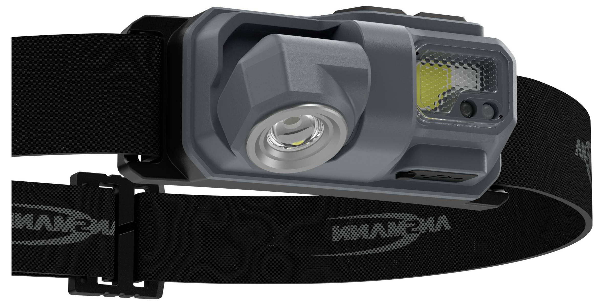 Zwarte koplamp met een brede verstelbare hoofdband en gesp, afgebeeld op een witte achtergrond.