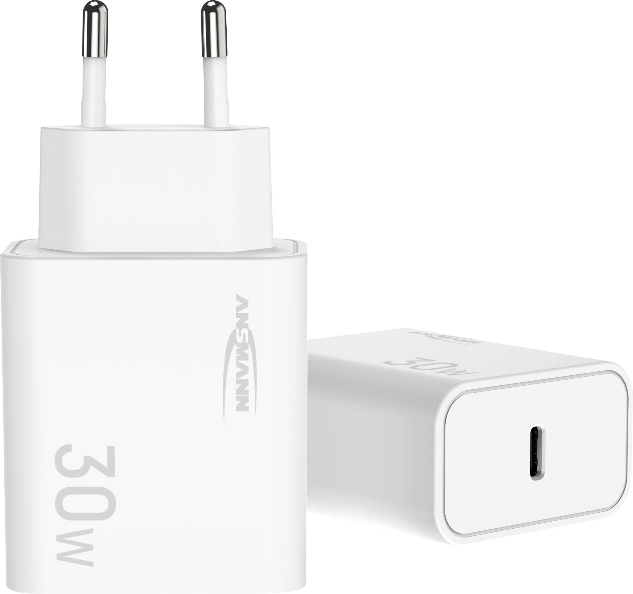 Witte Ansmann 30W USB-C wandlader met twee-polige stekker, weergegeven van voor- en zijkant op een witte achtergrond.