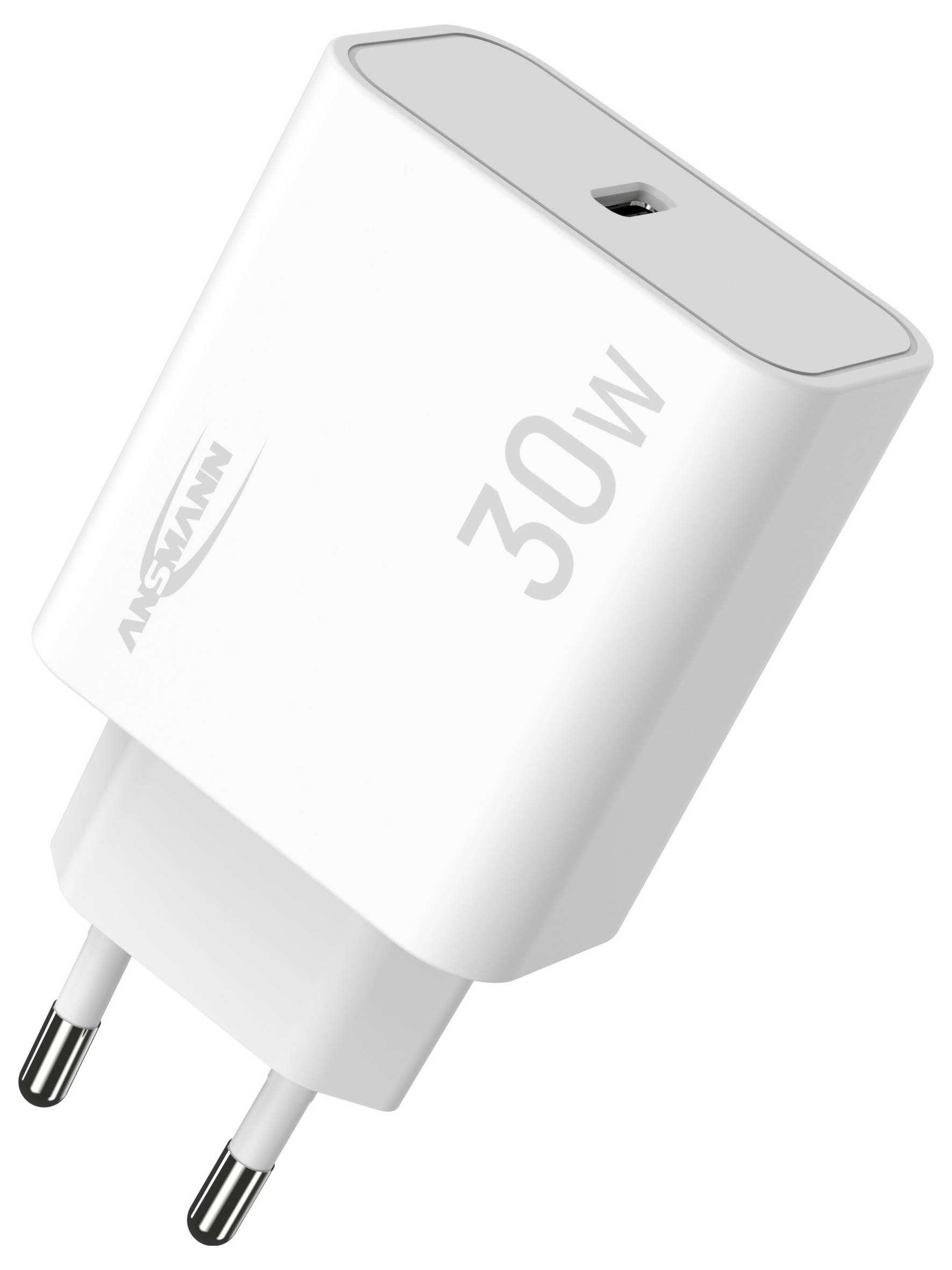 Witte 30W USB-wandlader met twee Europese stekkerpennen en een USB-poort aan de bovenkant.