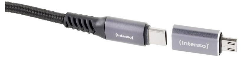 Close-up van een zwart-grijs Intenso USB-kabel, met aan het ene uiteinde een USB-C-connector en aan het andere uiteinde een micro-USB-connector.