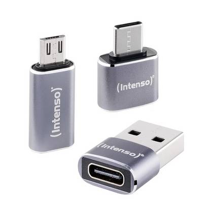 Drie Intenso USB-adapters/converters op een witte achtergrond: twee USB-C mannelijke connectoren en één USB-A mannelijke naar USB-C vrouwelijke adapter.