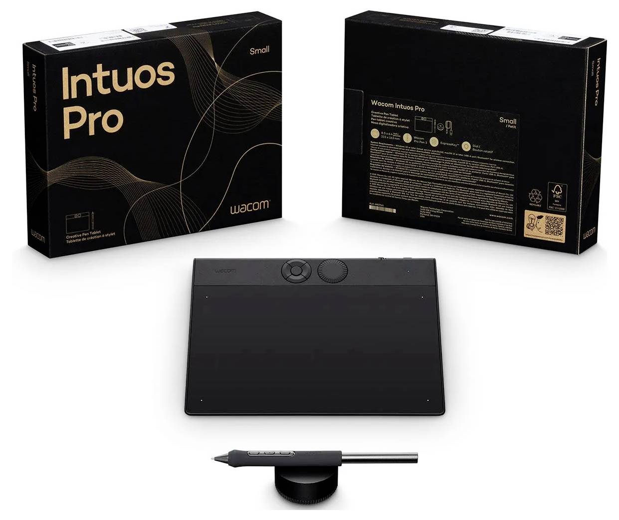 Wacom Intuos Pro Small tabletkit getoond met voor- en achterkant verpakking, een zwart tekenttablet en stylus