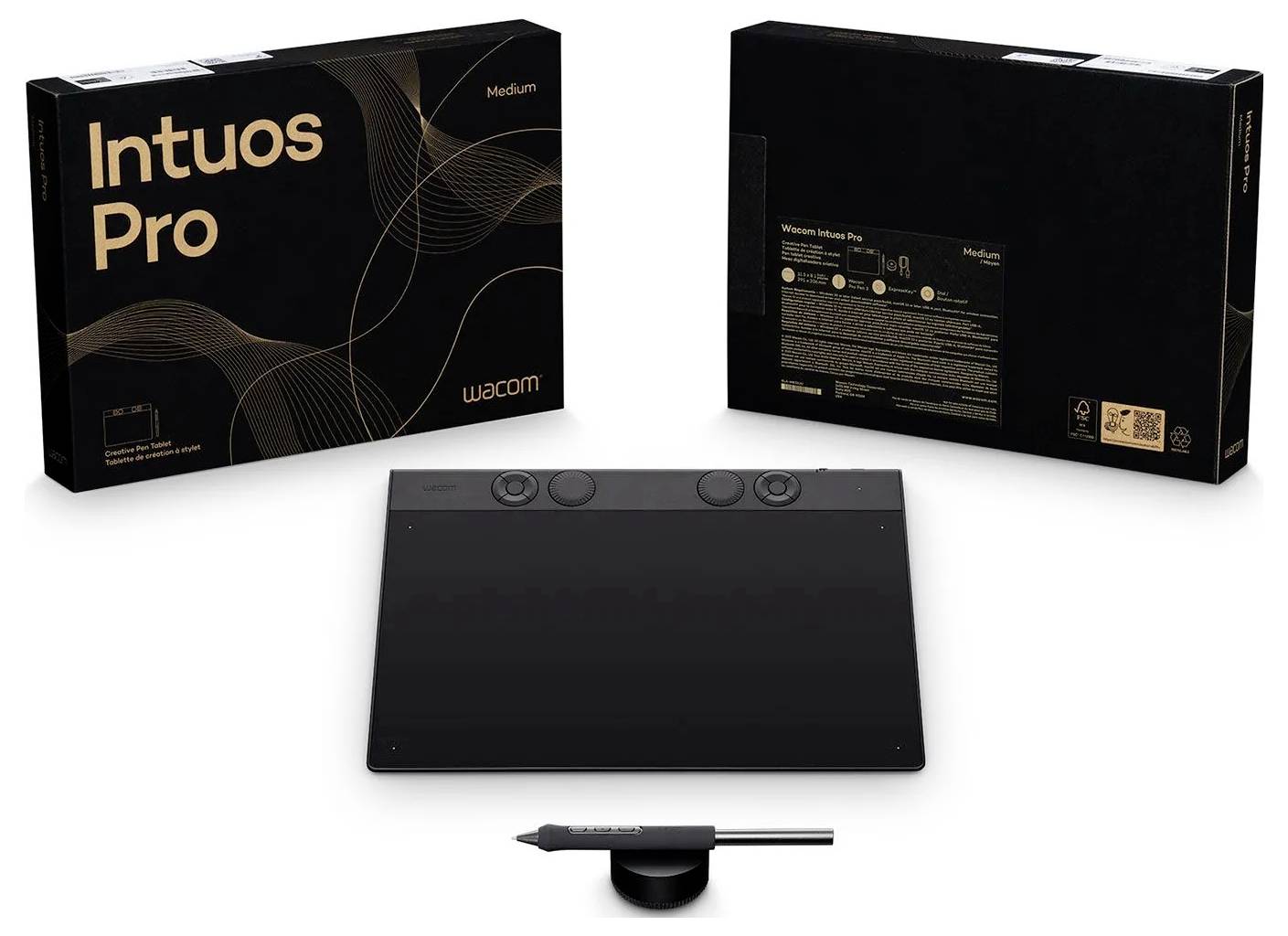 Wacom Intuos Pro Medium grafische tablet pakket getoond met voorkant en achterkant van dozen, tabletoppervlak en stylus op witte achtergrond.