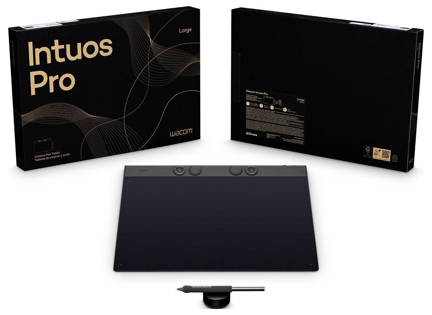 Wacom Intuos Pro Large pennecomputertabletkit weergegeven met doos, tablet, pen en standaard op witte achtergrond.