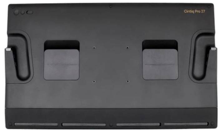Achterzicht van een Wacom Cintiq Pro 27 penweergave met standaard en kabelkanalen; 'Cintiq Pro 27' gelabeld in de rechterbovenhoek.