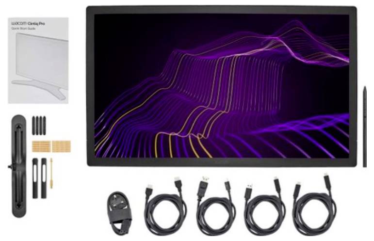 Een pentablet-display met stylus, standaard, kabels en accessoires weergegeven in een productbundellay-out.