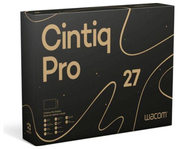 Doos van een Wacom Cintiq Pro 27 tekenmonitor, zwarte verpakking met goudtekst en abstracte lijngrafieken.