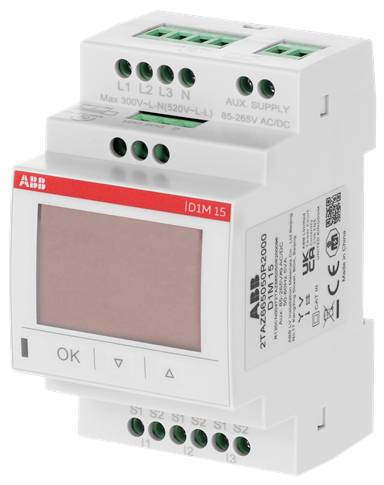 ABB IDM15 digitale meter/besturingsmodule met displayscherm, terminalverbindingen en OK/navigatieknoppen op een DIN-railapparaat.