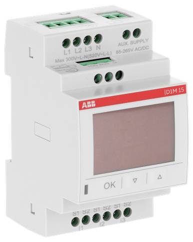 ABB iDIM15 DIN-rail dimmergeregelaar met display en aansluitklemmen voor hoofdnet en hulpvoeding.