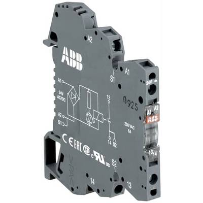 ABB elektrische relaismodule met gedrukt schakelschema, aansluitklemmen A1, A2, S1, S2, 13, 14 en 24V/250VAC-waarderingen op een DIN-rail apparaat.