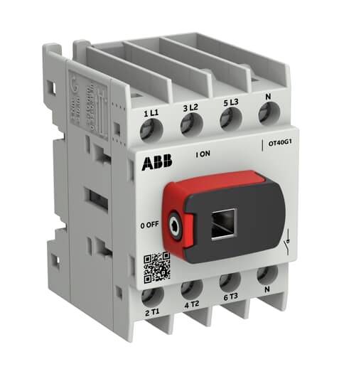 ABB OT40G1 driepolige schakelaar-insluiters met rood-zwarte draaigreep en aansluitingslabels voor L1, L2, L3 en N.