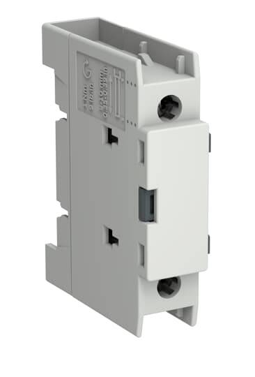 Grijze elektrische module met een wit frontpaneel, weergegeven in een productgestuurde geïsoleerde weergave op een witte achtergrond.