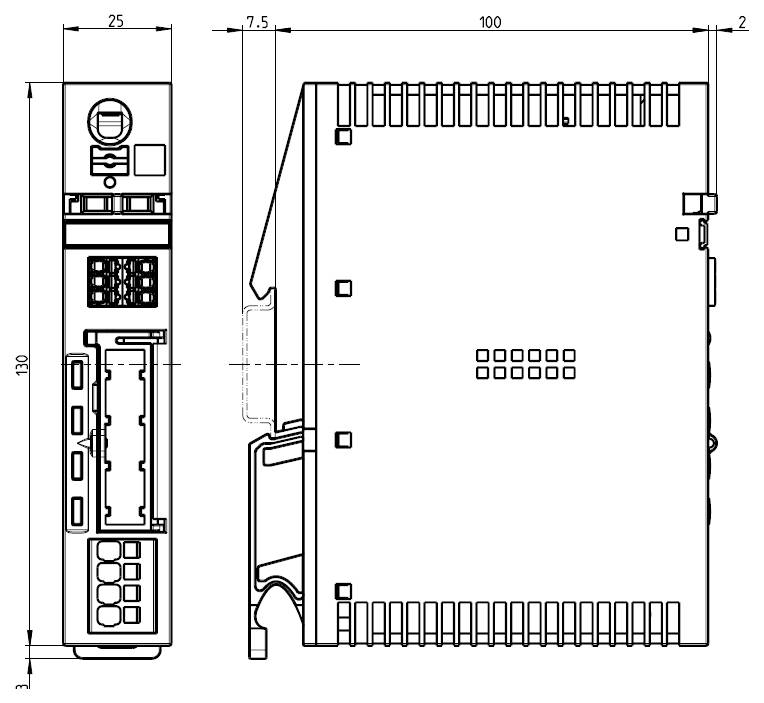 Technische dimensionetekening van een elektronische module, met voor- en zijkanten met afmetingen 130, 100, 25, 7,5 en 2.