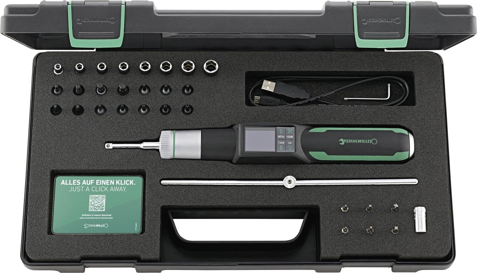 Open toolkit case met een draadloze elektroschroevendraaier, bithouders, verlengstang, laadkabel en kleine accessoires netjes georganiseerd in schuimstof inzetstuk.