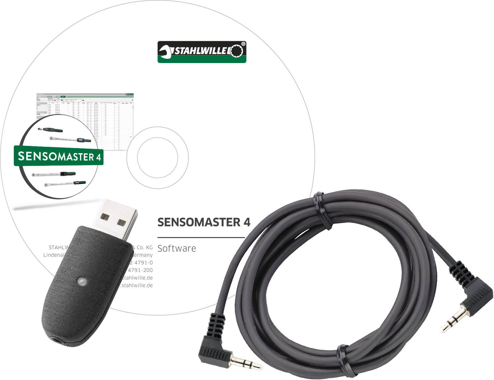 STAHLWILLE SENSOMASTER 4 software-cd met USB-dongle en audiokabel op witte achtergrond.