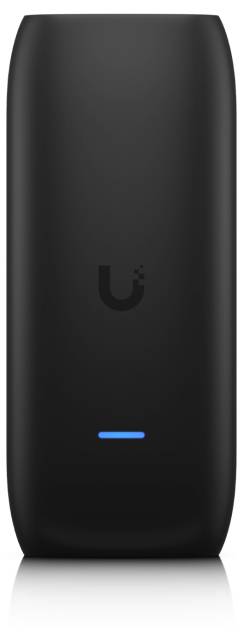 Zwart cilindrisch apparaat met een U-logo en een blauw gloeiend statuslampje aan de voorkant.