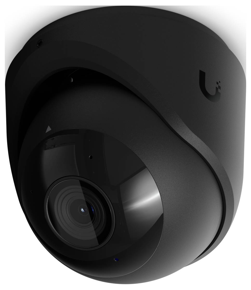 Zwarte dome-beveiligingscamera met zichtbare lens, weergegeven tegen een witte achtergrond.