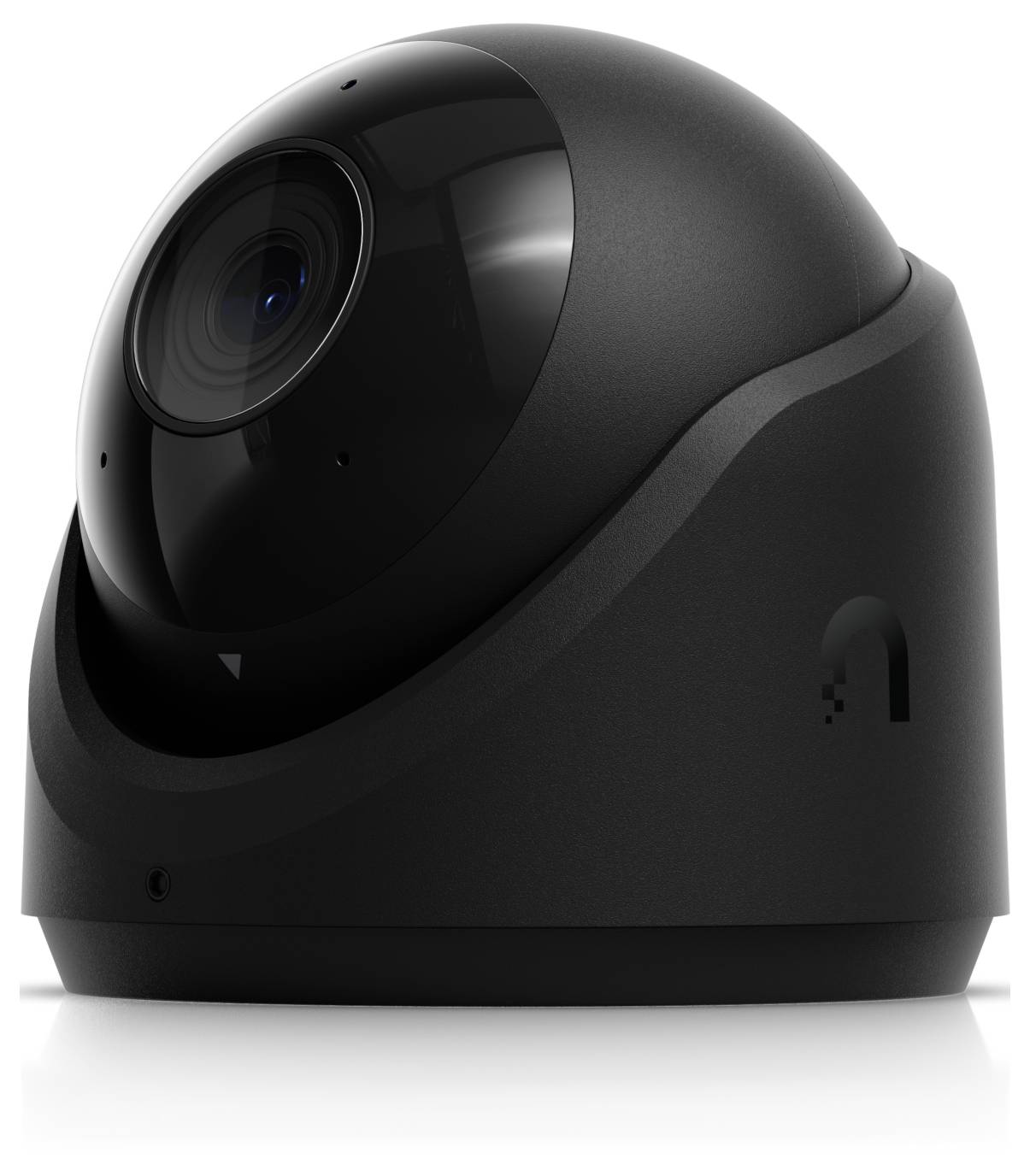 Zwarte koepelbeveiliging camera met grote frontlens, weergegeven in een productweergave op een witte achtergrond.