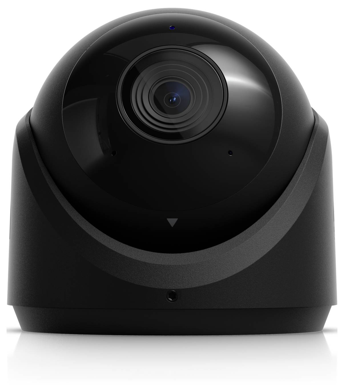 Zwarte koepelcamera met een centraal objectief, weergegeven in vooraanzicht op een witte achtergrond.