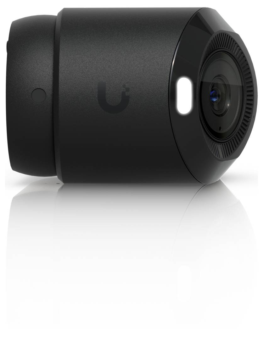 Zwarte cilindrische beveiligingscamera met lens en LED-indicator, weergegeven op een witte achtergrond.