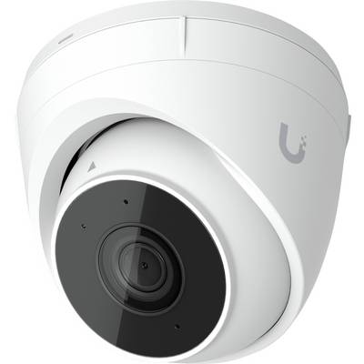 Witte dome-beveiligingscamera met zwart lens op een witte achtergrond.