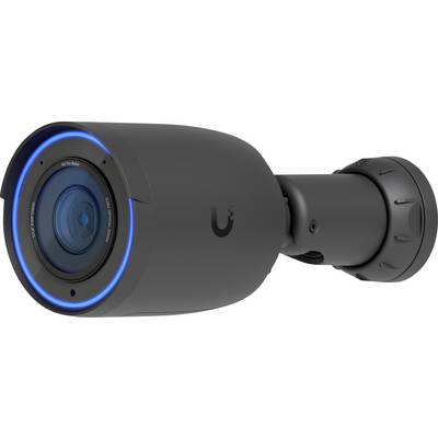 Zwarte cilindrische beveiligingscamera met blauwe LED-ring en wandbevestiging, weergegeven in zijaanzicht op een witte achtergrond.