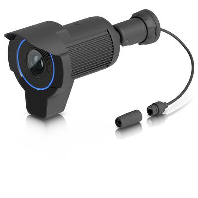 Zwart beveiligingscamera met blauwe lensring en aangesloten kabel, weergegeven met afzonderlijk connectorkopje op een witte achtergrond.
