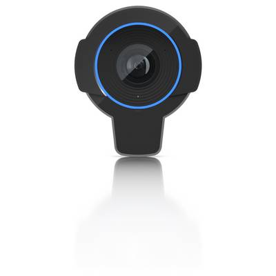 Zwart webcam- of camerapictogram met een blauwe ring rond de lens, gecentreerd op een witte achtergrond.